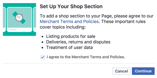 Godkänn handelsvillkoren och policyerna för att ställa in din Facebook Shop-sektion.