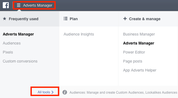 Navigera till målgruppens instrumentpanel i din Facebook Ads Manager.