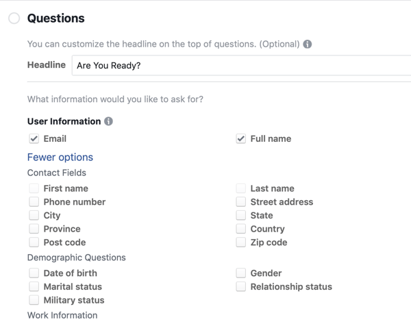 Frågealternativ för en Facebook-annonskampanj.