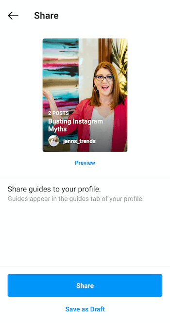 exempel skapa nu instagram guide-delningsskärm med förhandsvisning i blått under omslagsbilden, tillsammans med nedre knappalternativ för delning och spara som utkast