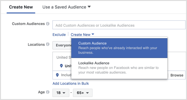Facebook Ads Manager skapar anpassad målgrupp under annonsinställningen