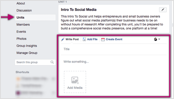 Klicka in i din Facebook-gruppenhet och skriv ett inlägg, lägg till en fil eller skapa en händelse.