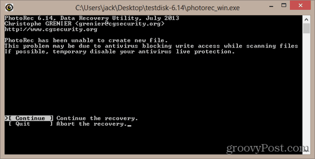 PhotoRec har inte kunnat skapa en ny fil. Det här problemet kan bero på antivirusblockering av skrivåtkomst när du skannar filer. Om möjligt avaktivera ditt antivirus live-skydd tillfälligt