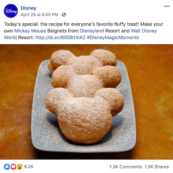 Disney Facebook-inlägg med länk till recept på Mickey Mouse beignets