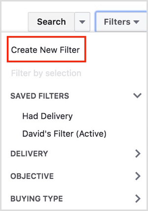 Facebook Ads Manager skapa nytt filter
