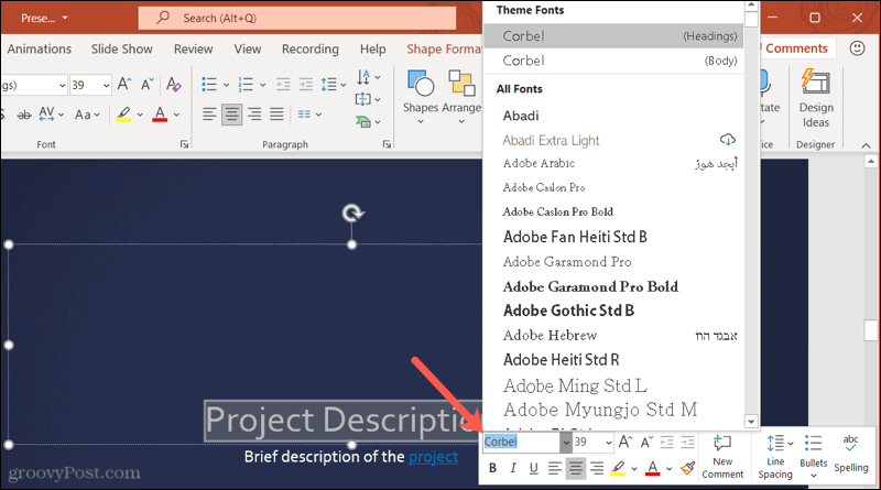 Teckensnitt i verktygsfältet i PowerPoint i Windows
