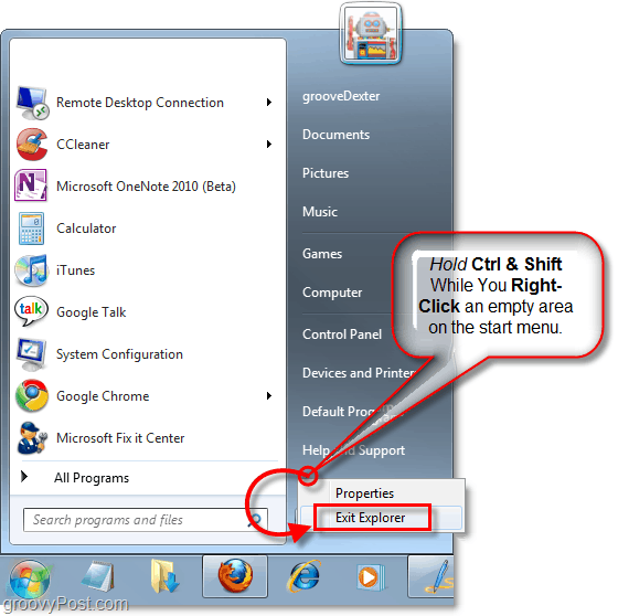 håll ned knapparna och högerklicka på startmenyn för att avsluta explorer i Windows 7