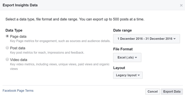 Välj datatyp, intervall, filformat och layout för dina Facebook Insights-data.