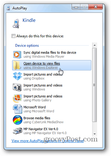 Öppna enhet för att visa filer AutoPlay