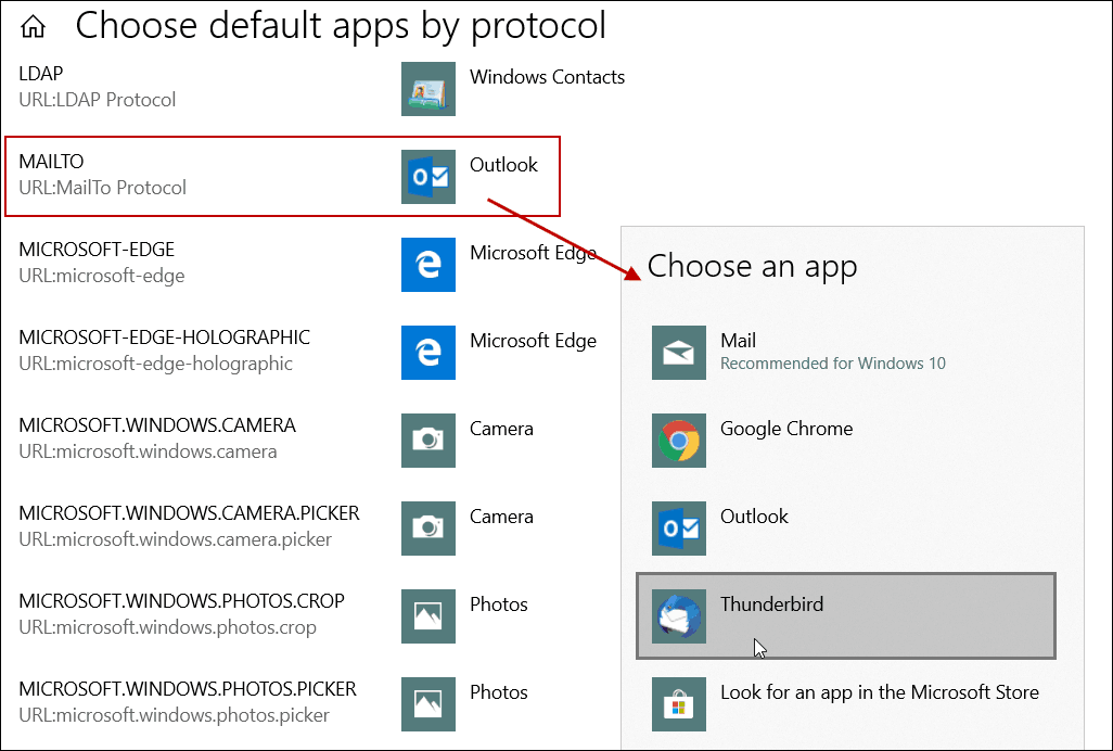 Ställ in standard e-post-app med protokoll Windows 10