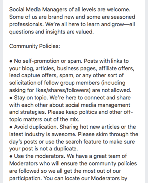 Här är ett exempel på Facebook-gruppregler.