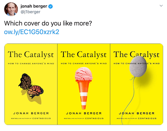 Jonah Berger tweet med bilder av tre möjliga bokomslag