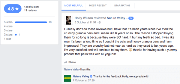 En Nature Valley-kund lämnar en kundrecension på företagets Facebook-sida.