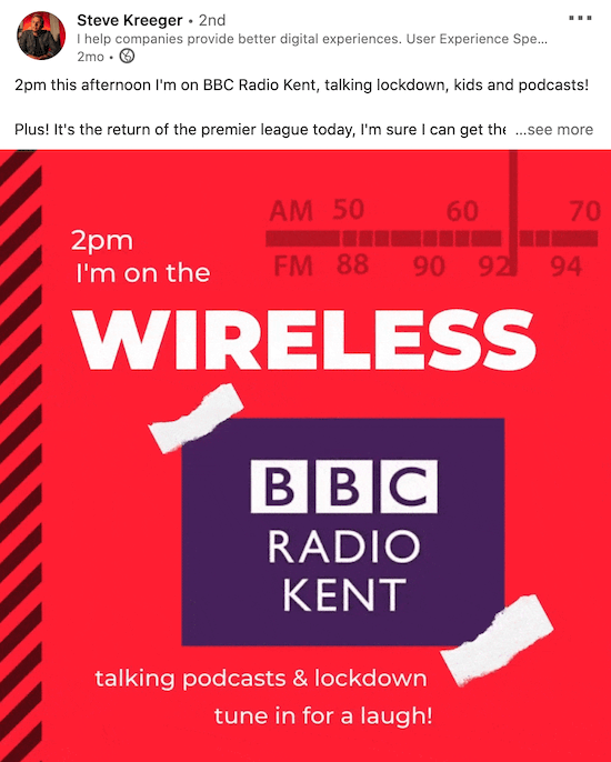 exempel på en linkedin-video från Steve Kreeger som tillkännager ett podcast-utseende på BBC Radio Kent