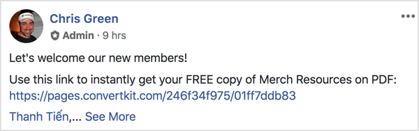 Detta Facebook-gruppinlägg välkomnar de nya medlemmarna och påminner dem om att ladda ner en gratis PDF.