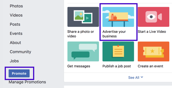 Du kan skapa en lokal Facebook-marknadsföring från vänster sidofält eller från sidans postalternativ.