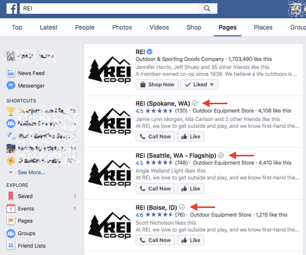 Verifierade lokala företag på Facebook får ett grått verifieringsmärke bredvid sitt namn i sökresultaten och på deras sida.