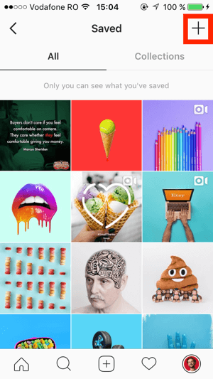 Tryck på + -tecknet längst upp till höger på Instagram-sparad skärm.