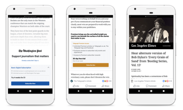 Facebook testar löneväggs- och prenumerationsmodeller för Instant Articles med en liten grupp utgivare över USA och Europa.