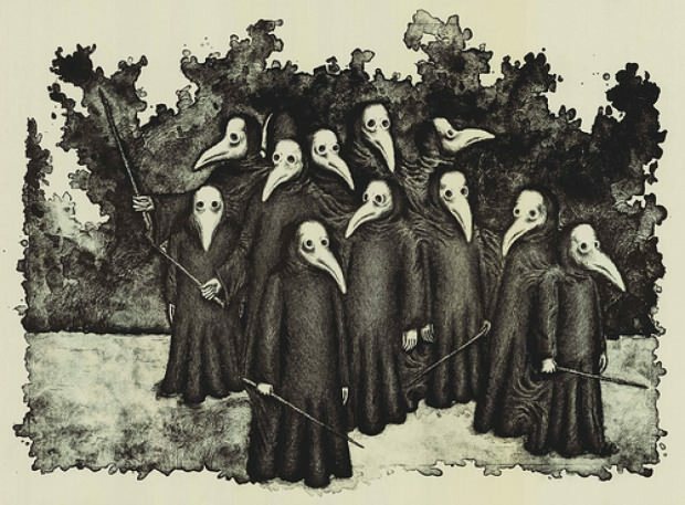 Illustrerad metod för skydd mot pesten, som blev utbredd under medeltiden, förhindrade människor spridning av bakterier med dessa masker