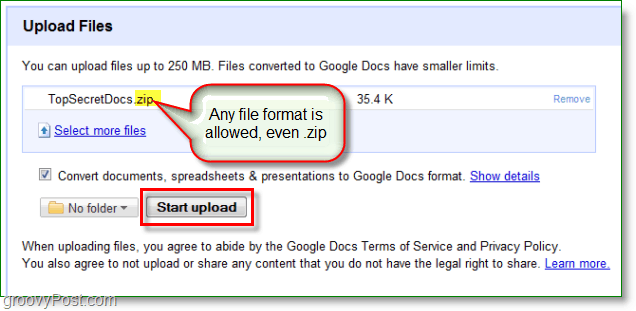 Google Docs-skärmdump - laddade upp ett zip