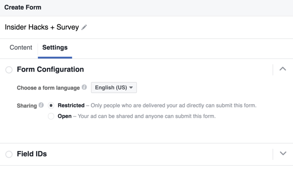 Du kan välja ett språk för ditt Facebook-leadformulär.