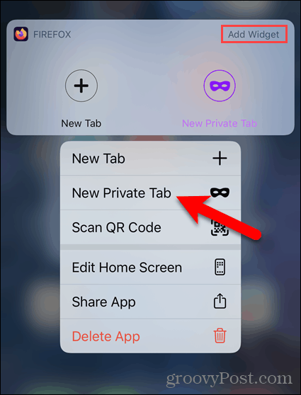 Tryck länge på Firefox-ikonen och välj Ny privat flik på iOS