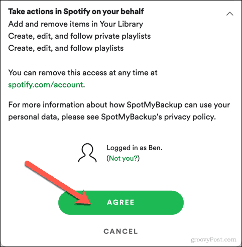 Godkänner SpotMyBackup-åtkomst till Spotify