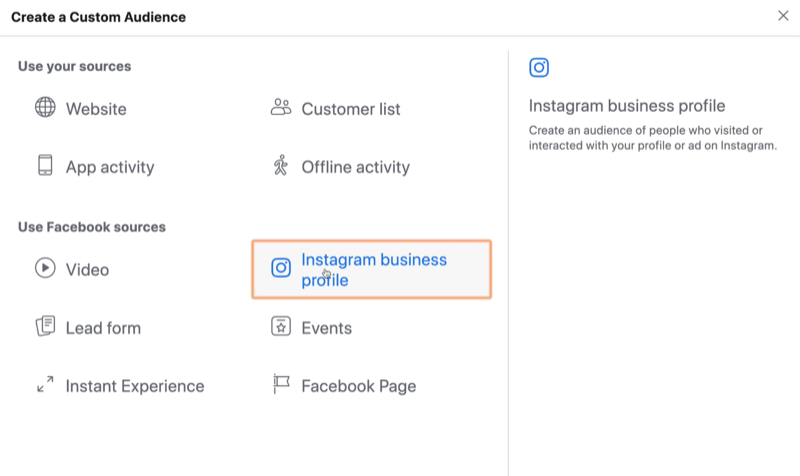 välj Instagram Business som källa för Facebook anpassad publik