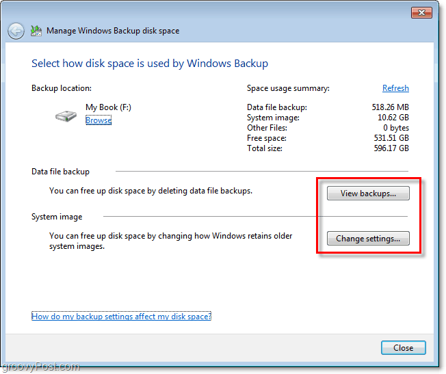 Windows 7 säkerhetskopia - visa din säkerhetskopia eller ändra inställningar för att justera storleken