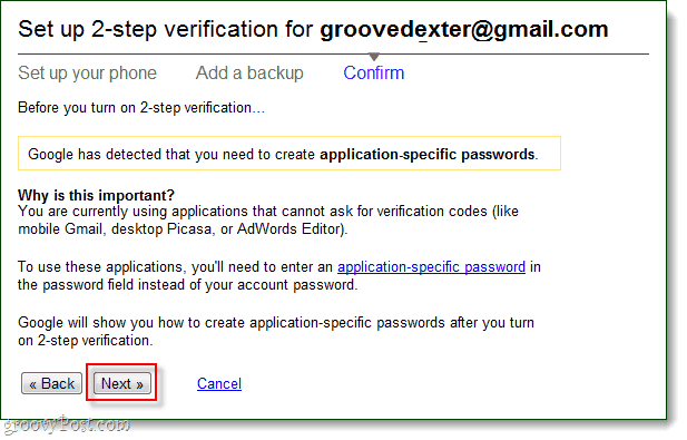 bekräfta att du kommer att använda applikationsspecifika lösenord