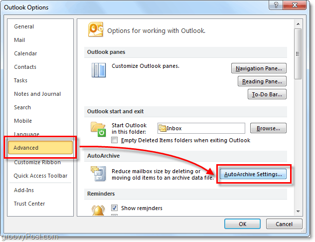 Avancerat> Autoarchive-inställningar i Outlook 2010