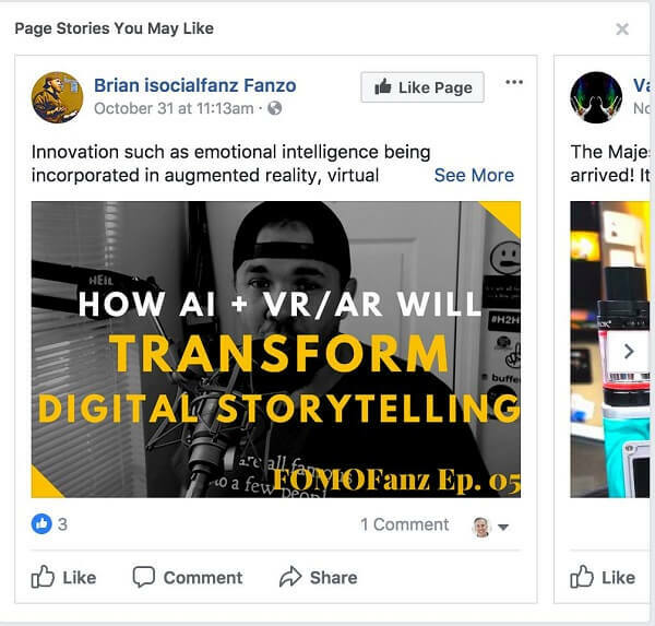 Facebook rekommenderar "Sidhistorier som du kanske gillar" mellan inlägg i ditt nyhetsflöde.
