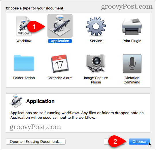Välj applikationstyp i Automator för Mac