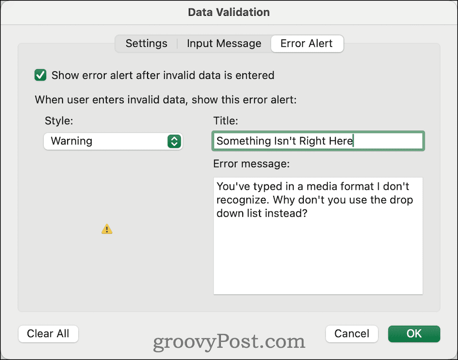 Ändra felvarningen i datavalidering