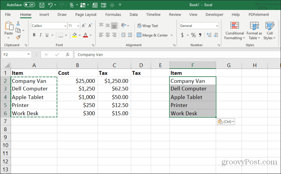 klistra in kolumnbredder i Excel