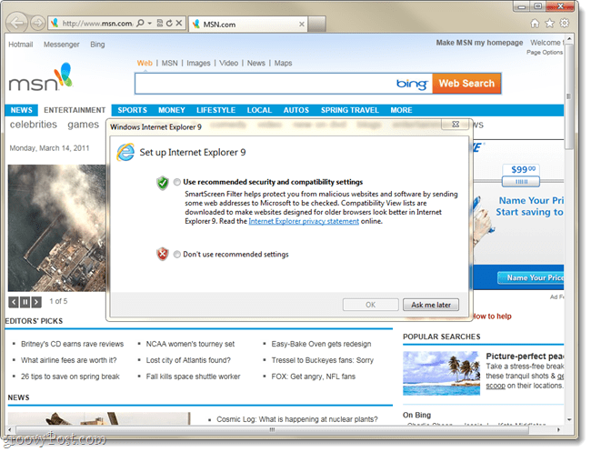IE9 initial installation