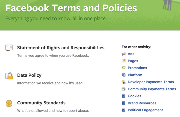 Facebook beskriver alla villkor och policyer du behöver veta.
