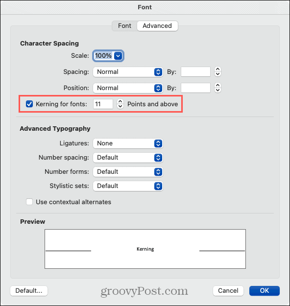 Aktivera Kerning i Word på Mac