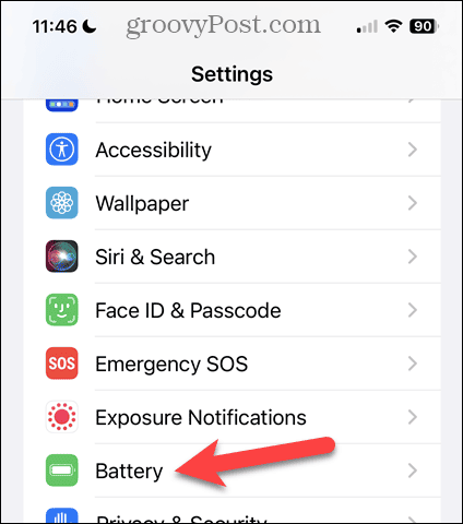 Tryck på Batteri på skärmen för iPhone-inställningar