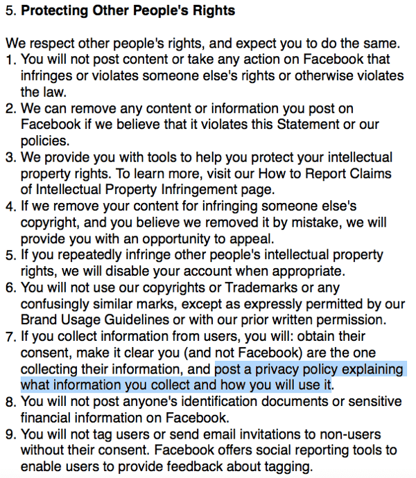 Facebook-villkor som beskriver kravet på sekretesspolicy.