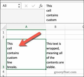 Inpackning av text i Excel med radbrytningar.