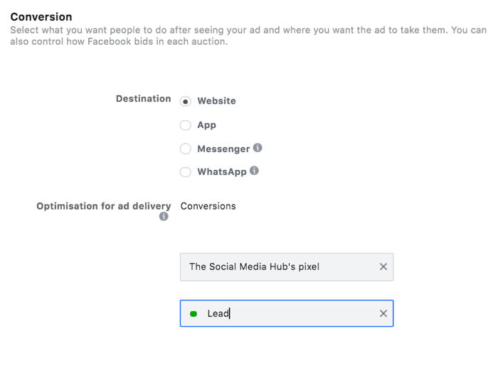 möjlighet att välja en leadhändelse för din optimering av konverteringsmål i facebook-annonshanteraren