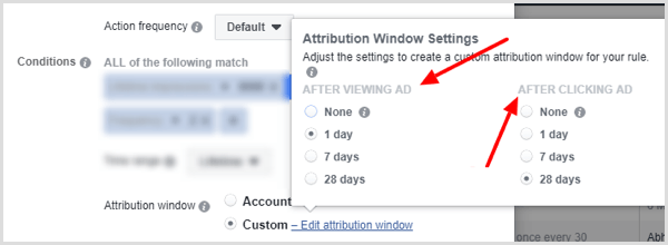 Alternativ för attributfönsterinställningar när du ställer in villkor för Facebook-regel