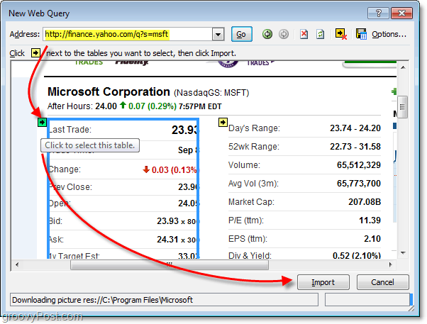 välj datatabeller för webbanvändning i Excel 2010