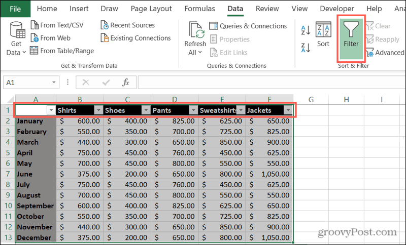 Aktivera filter i Excel