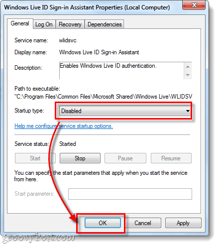 inaktiverad starttyp av Windows Live ID logga in assistent