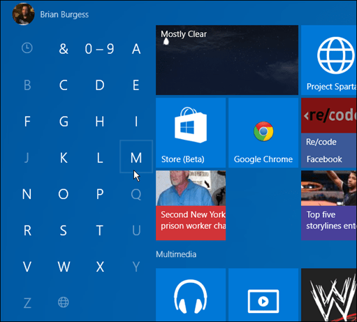 appar med första bokstaven Windows 10 Start