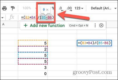 google sheets div 0 resultat