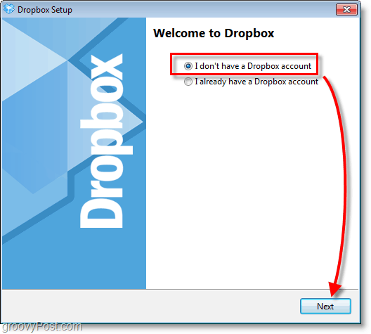 Dropbox-skärmdump - välj att skapa ett nytt konto